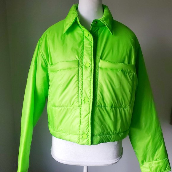 NWT Cropped Puffer Jacket CASSIDY Shacket by ONLY Vibrant Jasmine Green Boxy L - Picture 4 of 12